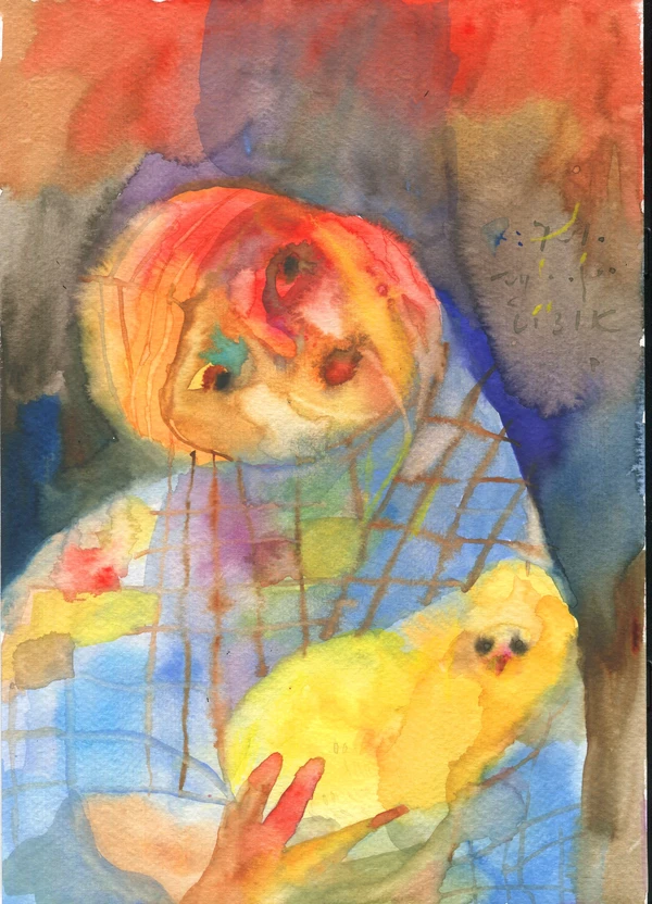 Woman with chicken.
